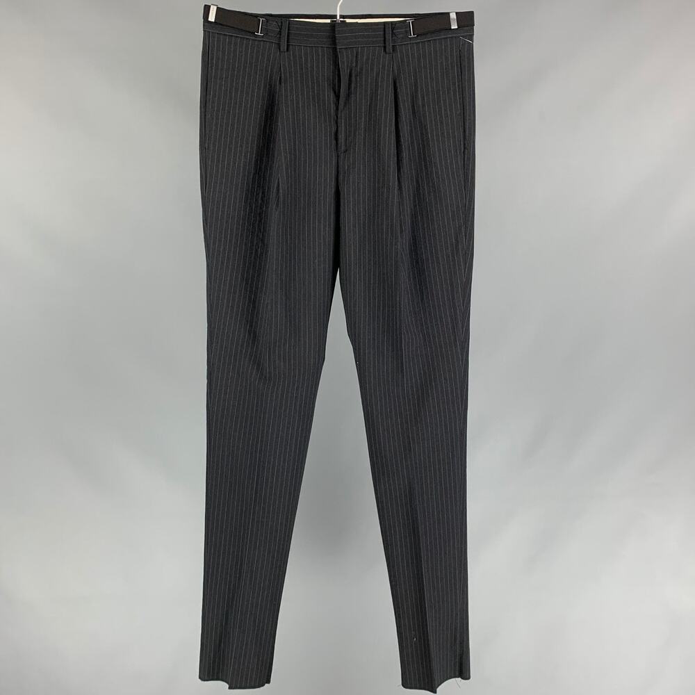 Vintage BURBERRY PRORSUM 32 Charcoal & Grey Chalkstripe Wool Zip Dress Pants